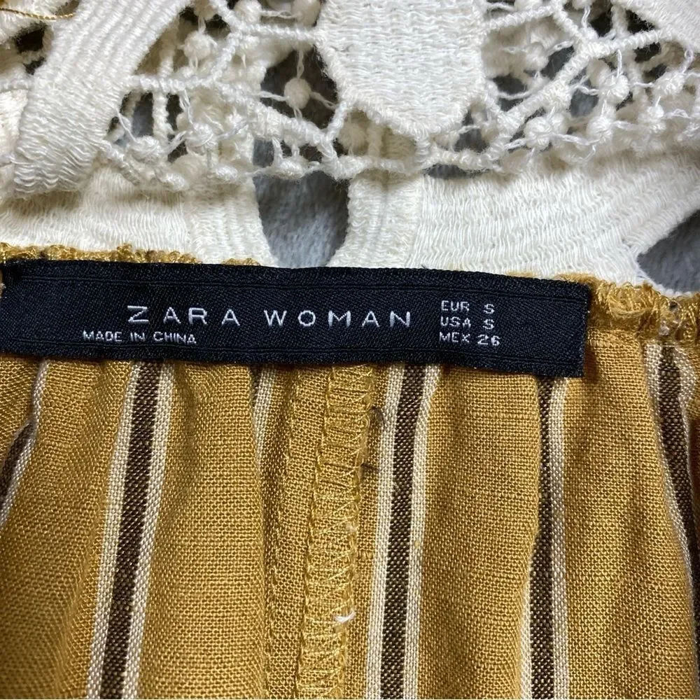 Zara Woman Crochet Striped Cotton Long Sleeve Blouse Size S